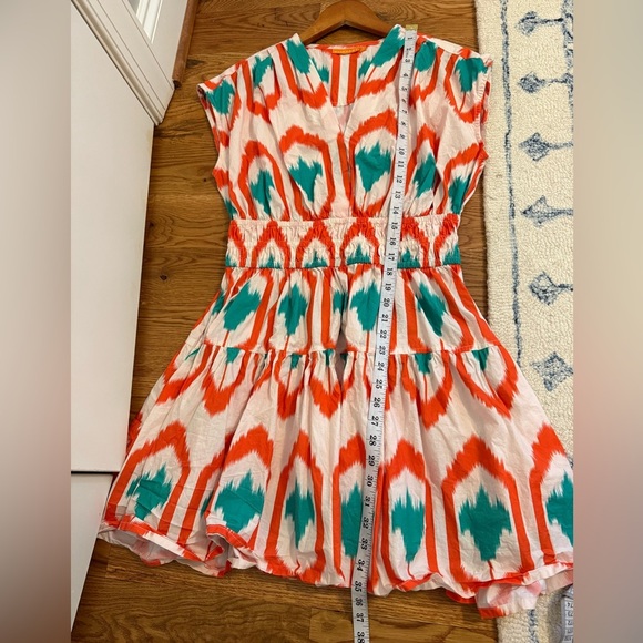 Oliphant Smocked Waist Mini Dress in Odisha Coral Print Women's Sz S Orange Teal - Picture 10 of 14